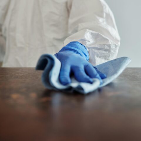 A professional cleaner from Mindful Cleaning Services wearing gloves and holding eco-friendly cleaning supplies in a Boonton, NJ kitchen.